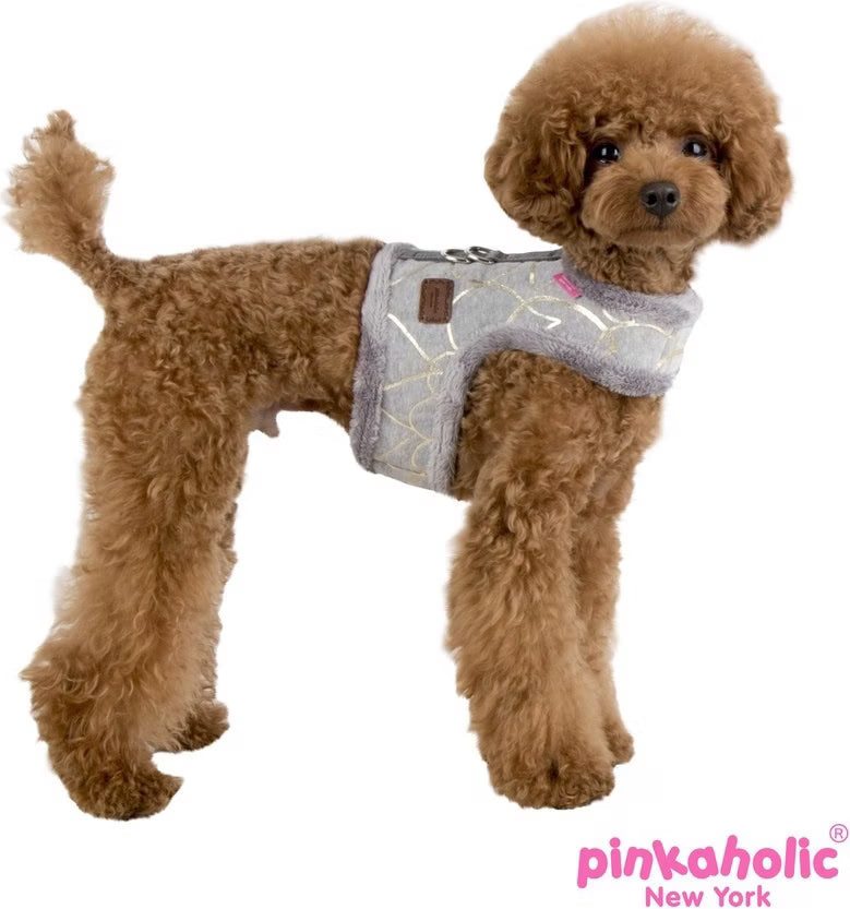 Brown dog wearing a gray sweater with a white background and 'Pinkaholic New York' branding.