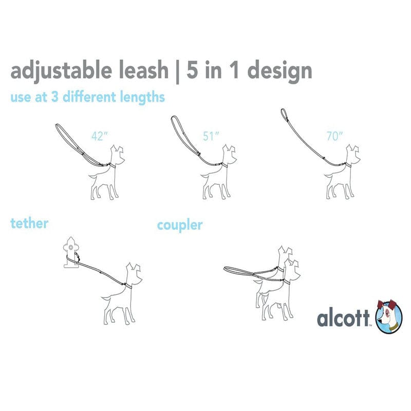 Adventure Alcott Adjustable Leash with 5 in 1 Design! Change to 3 adjustable lengths: 42", 51" and 70".