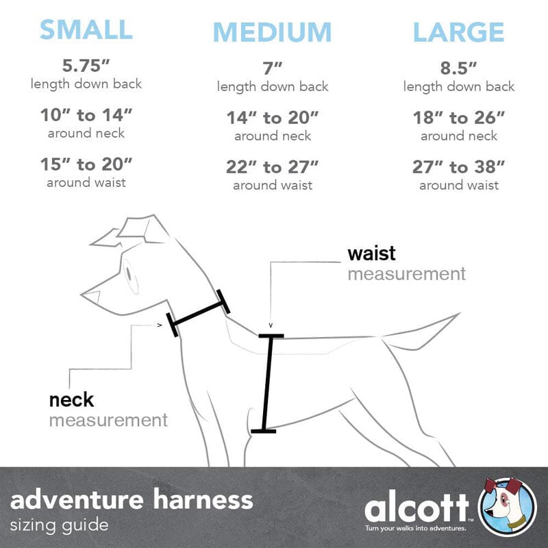 Alcott Adventure dog harness is available in Extra-small, Small, Medium, Large sizes. 