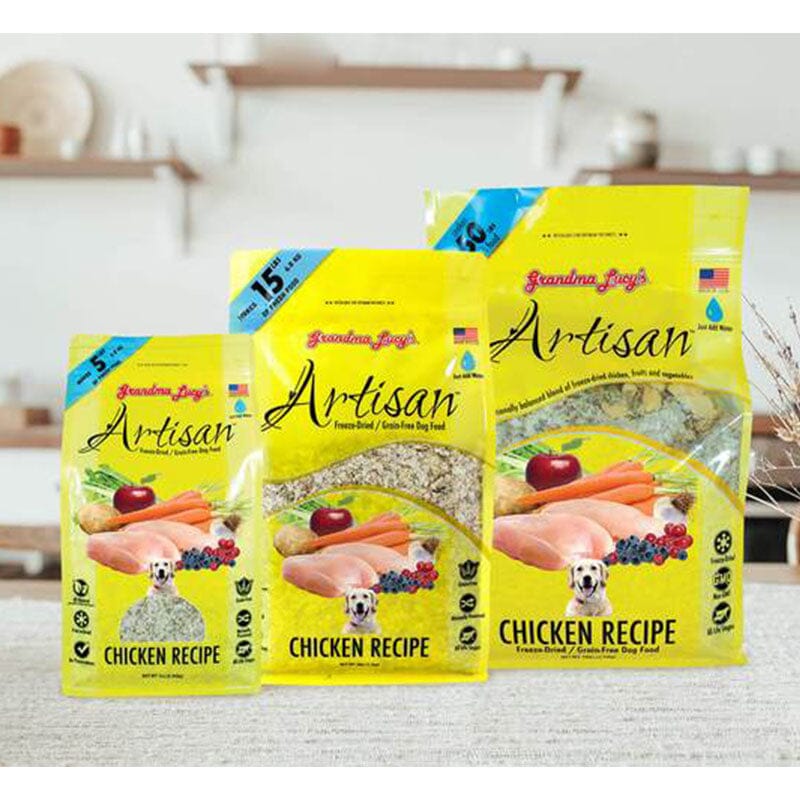 Grandma Lucy's Artisan Chicken Dog Food made with Tasty pieces of fresh chicken to build and maintain lean muscle!