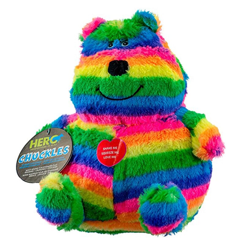Hero Chuckles 2.0 Bellies Bear plush stuffed dog toy is new fun, funky, colorful, soft, cozy with innovative 3 in 1 squeaker.