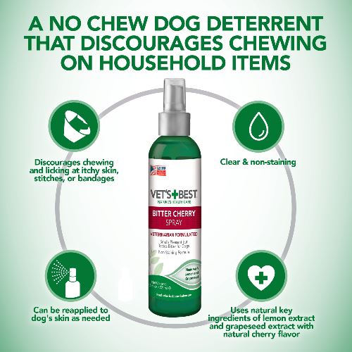 Vet's Best Bitter Cherry Spray can be reapplied to dog's skin as needed. Bitter Cherry Spray is not for use with cats.