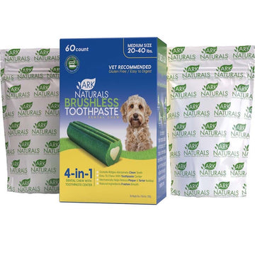Ark Naturals brushless Medium Breed Dental Dog Chews' toothpaste center is made from alfalfa, cinnamon, vanilla and clove.