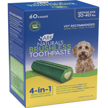 Ark Naturals Brushless Toothpaste Medium Breed Dental Dog Chews are easily digestible chews, gluten-free.
