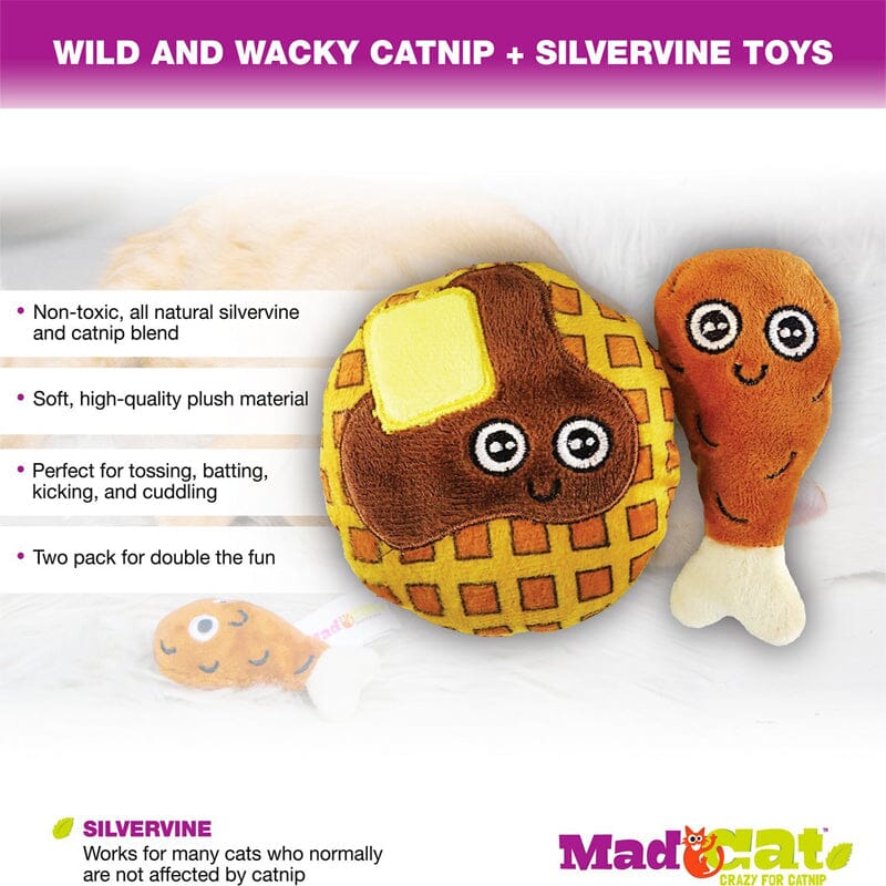 Mad Cat Chicken And Waffles High-quality plush includes embroidery for felines who like a variety of textures.
