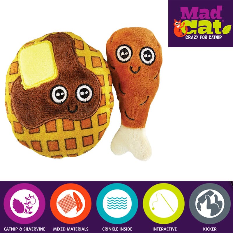 Cat will love brunch classic 2 pack Mad Cat Chicken & Waffles Toy filled with irresistible blend of Catnip, Silvervine.