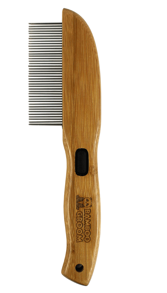 Bamboo Groom Flea Comb with 77 Rotating Pins designed to lift & separate all types of fur & coats.
