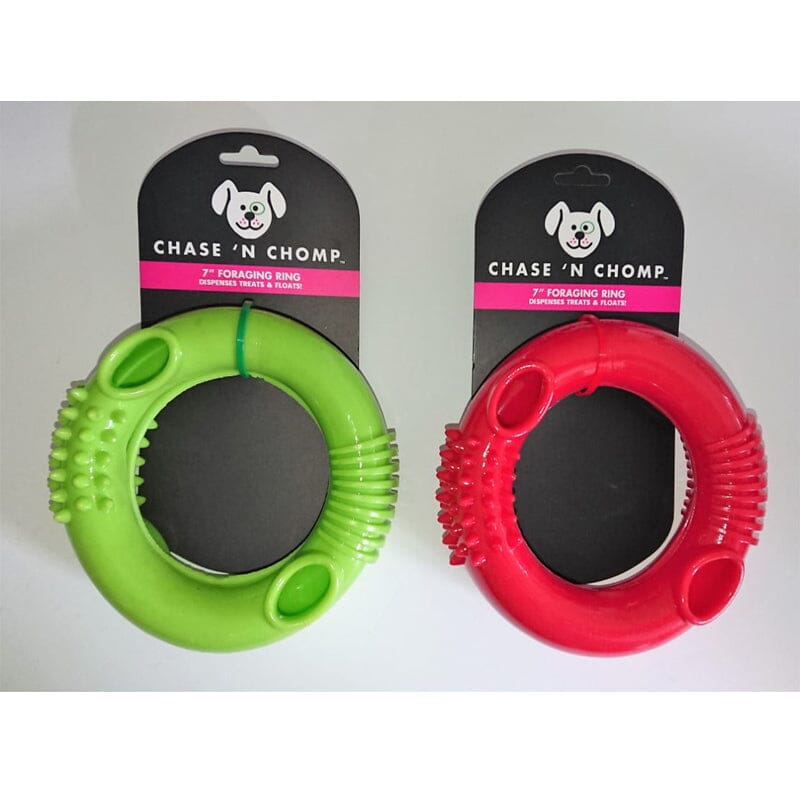 Dogs need to bounce, toss or roll the Chase 'N Chomp Foraging Ring Dog Toy to release the treats. 