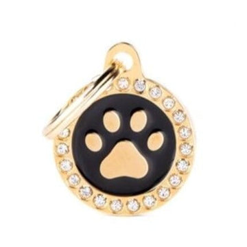 Glam Swarovski "Gold Paw Black Circle" Pet Name ID Tags bring magical style & look as rich charming jewelry. Available at PawsnCollars.com.