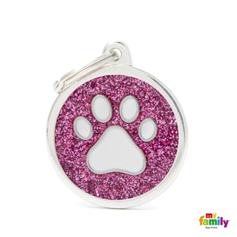 Glitter Pink Circle White Paw Centre Personalized Dog and Cat Tags are look Shine & Elegant on Pets Collar.