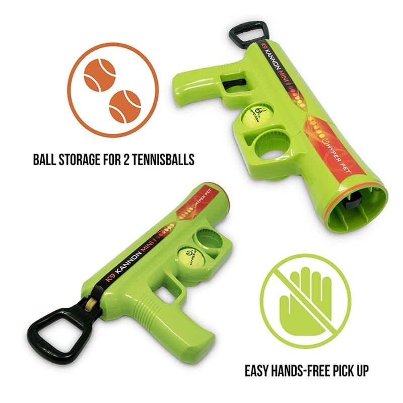 Hyper Pet K9 Kannon K2 mini-tennis ball Launcher have storage for two mini-tennis balls & hands free pick up.