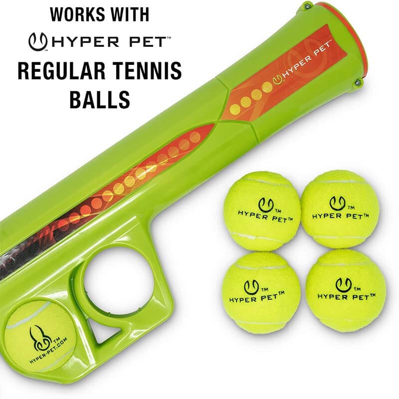 Includes one Hyper Pet K9 Kannon K2 Tennis Ball Launcher & one Hyper tennis ball for dogs. 
