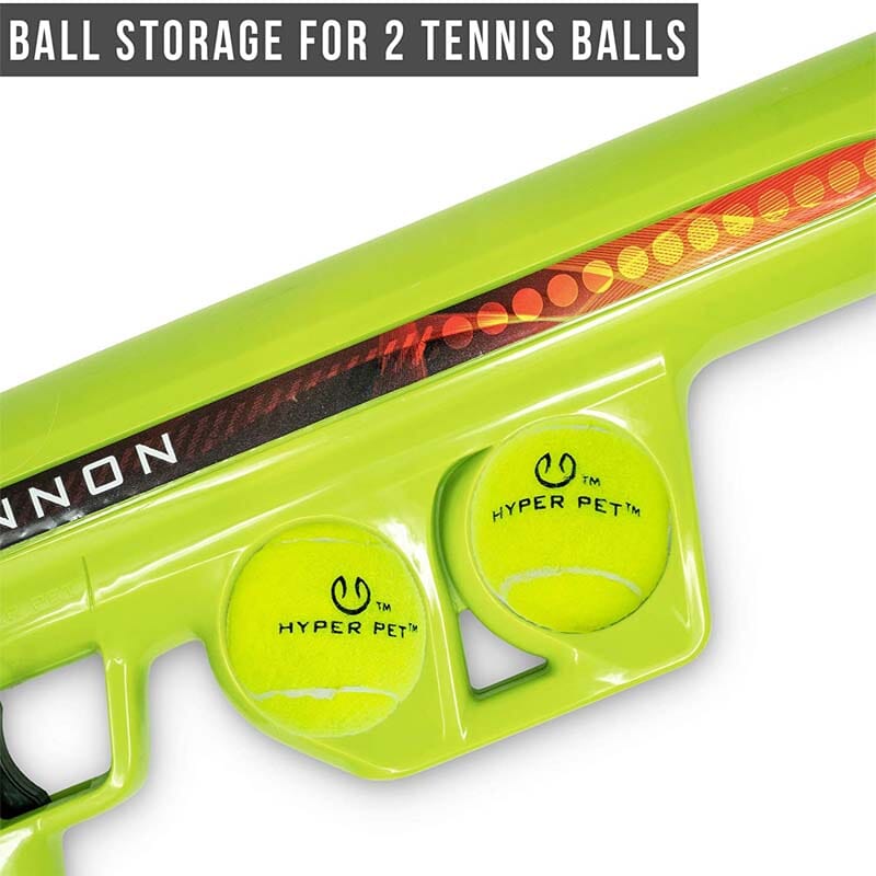 Hyper Pet K9 Kannon K2 Tennis Ball Launcher Dog Toy has storage for two tennis balls.