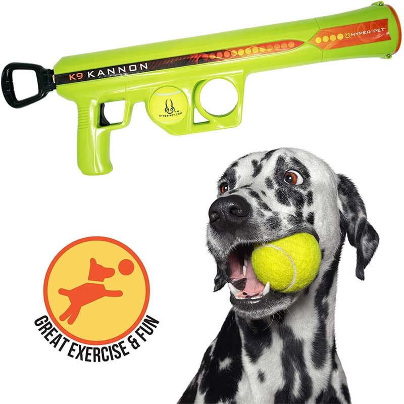 Hyper Pet K9 Kannon K2 Tennis Ball Launcher Dog Toy is an interactive toy that launches tennis balls for dogs to fetch.