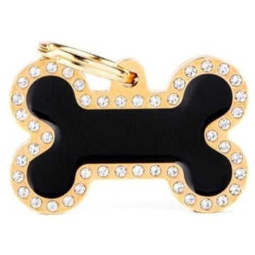 Glam Swarovski Gold Big Black Bone Pet Name ID Tags with personal engraving are available at PawsnCollars.com. 