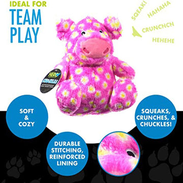 Hero Chuckles 2.0 Pig plush dog toy with innovative Chatterbox 3-in-1 squeaker will crunch, squeak, and even chuckle!