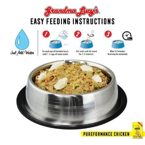 Grandma Lucy’s Pureformance Chicken Dog Food is easy to prepare, just in minutes. Add water, Stir, Serve after 3-5 minutes.  