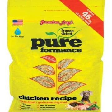 10lb(4.5kg)Grandma Lucy’s Pureformance Freeze-Dried Grain Free Chicken Dog Food Bag makes 46lb(20kg) of Fresh Food.
