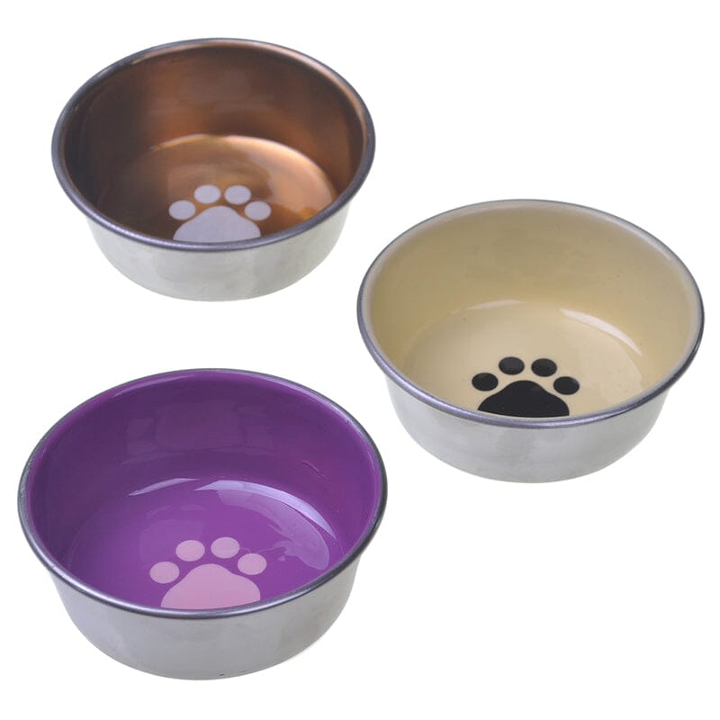 Van Ness Decorated Stainless Cat Dish/Bowls are available in 3 super colors Purple ,Cream & Copper.