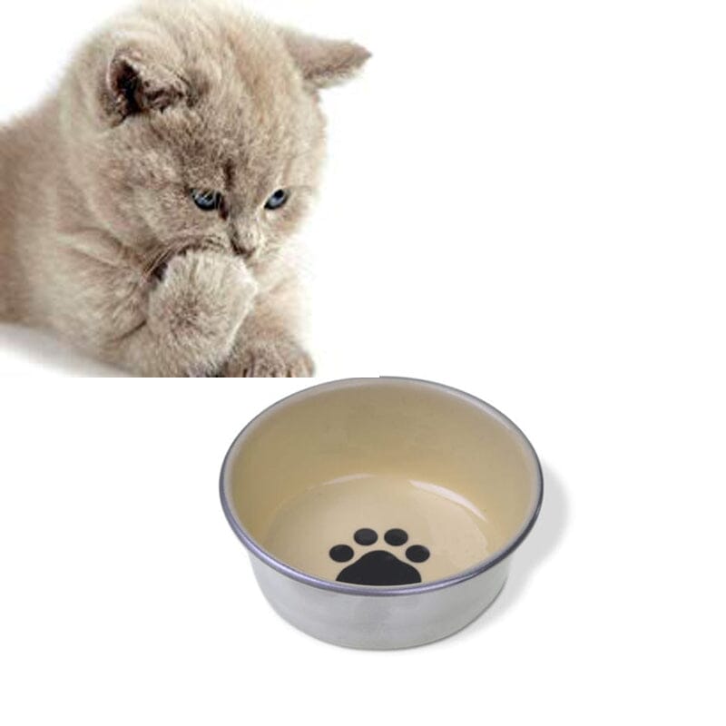 Van Ness Decorated Enamel Stainless Cat Dish or Bowl is is attractive, enameled with paw shape decorative dish interior. 