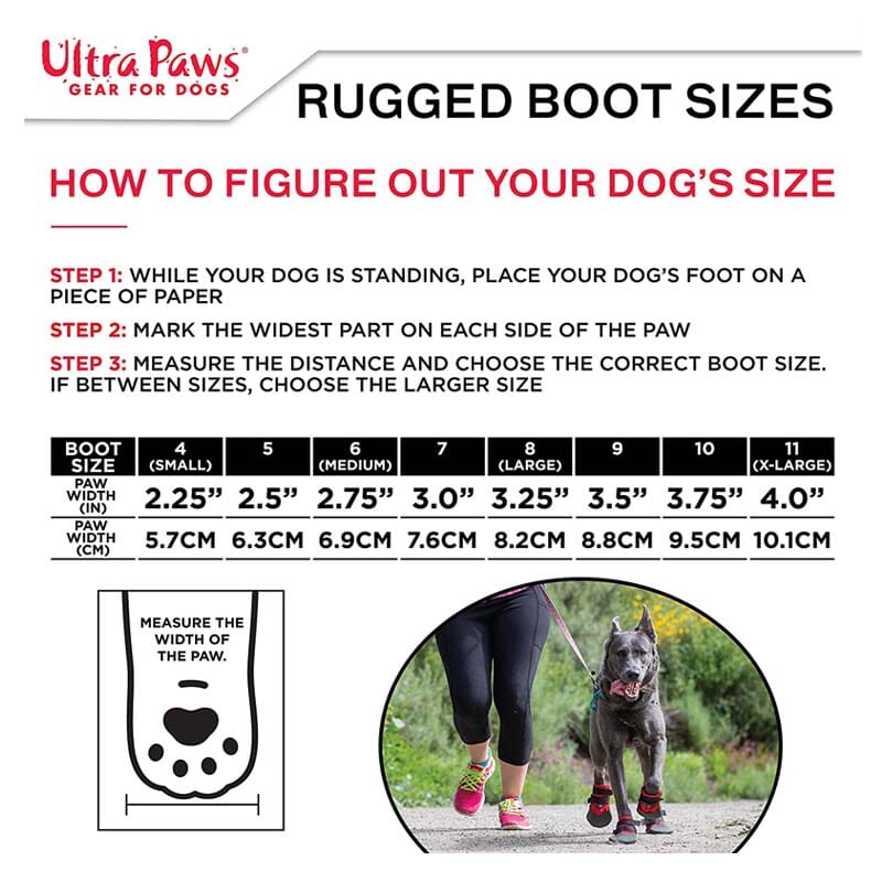 Size of Ultra Paws Rugged Dog Shoes based on dog's paw width should be smaller than boot size because the boot won’t stretch.