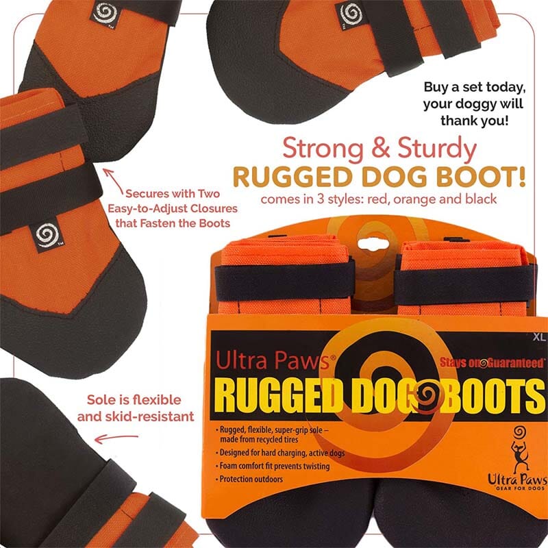 Ultra Paws Rugged/Durable Dog Shoes' Thick soles are made of recycled tires, about 50% thicker than the durable dog boots.