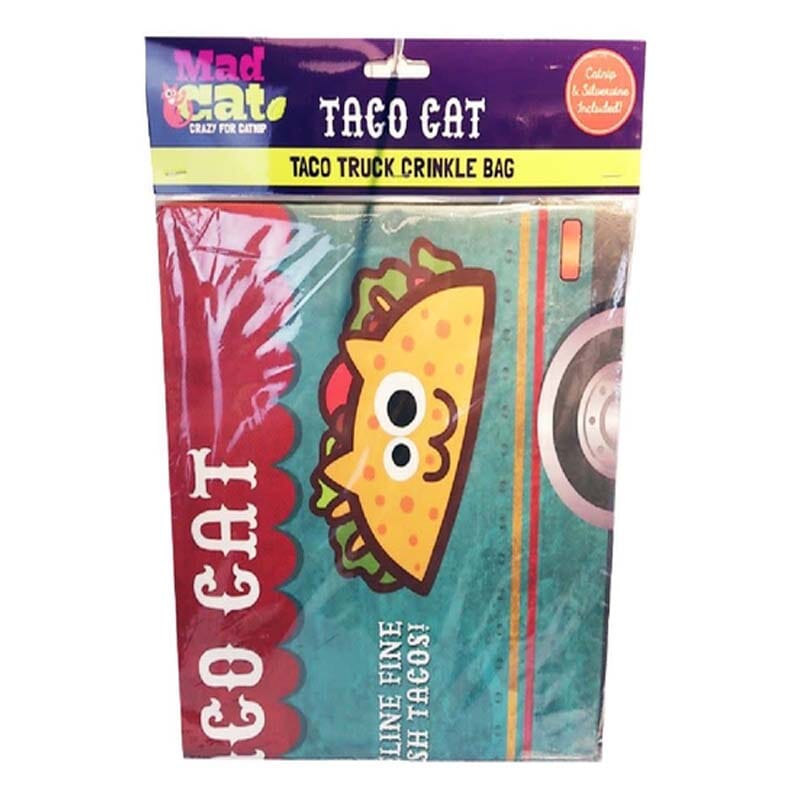 Mad Cat Taco Truck Crinkle Bag is ready to roll, folds flat for storage. Cat enjoys sounds, textures, escape hatches.