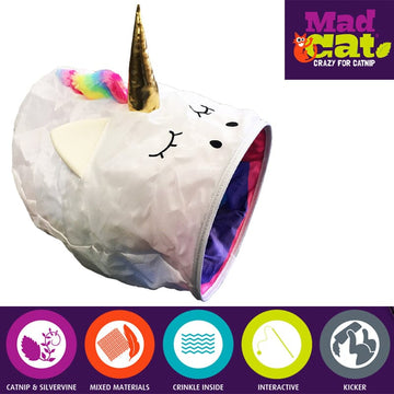 Wild, wacky Mad Cat Unicorn Crinkle Play Sack Catnip & Silvervine Toy sure to drive cats crazy! Great for active cats.